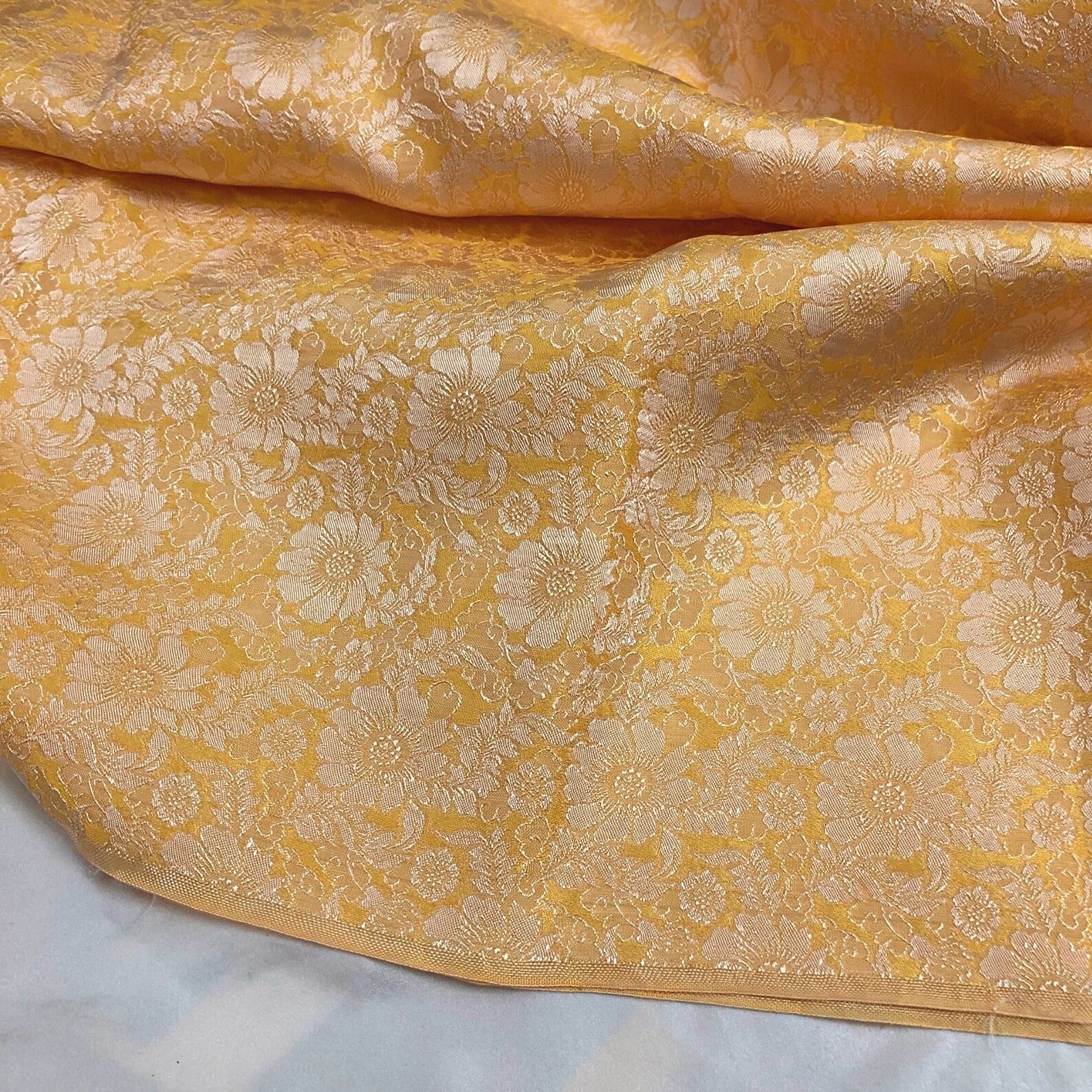 Yellow Floral Mulberry Silk Fabric – Handwoven in Vietnam