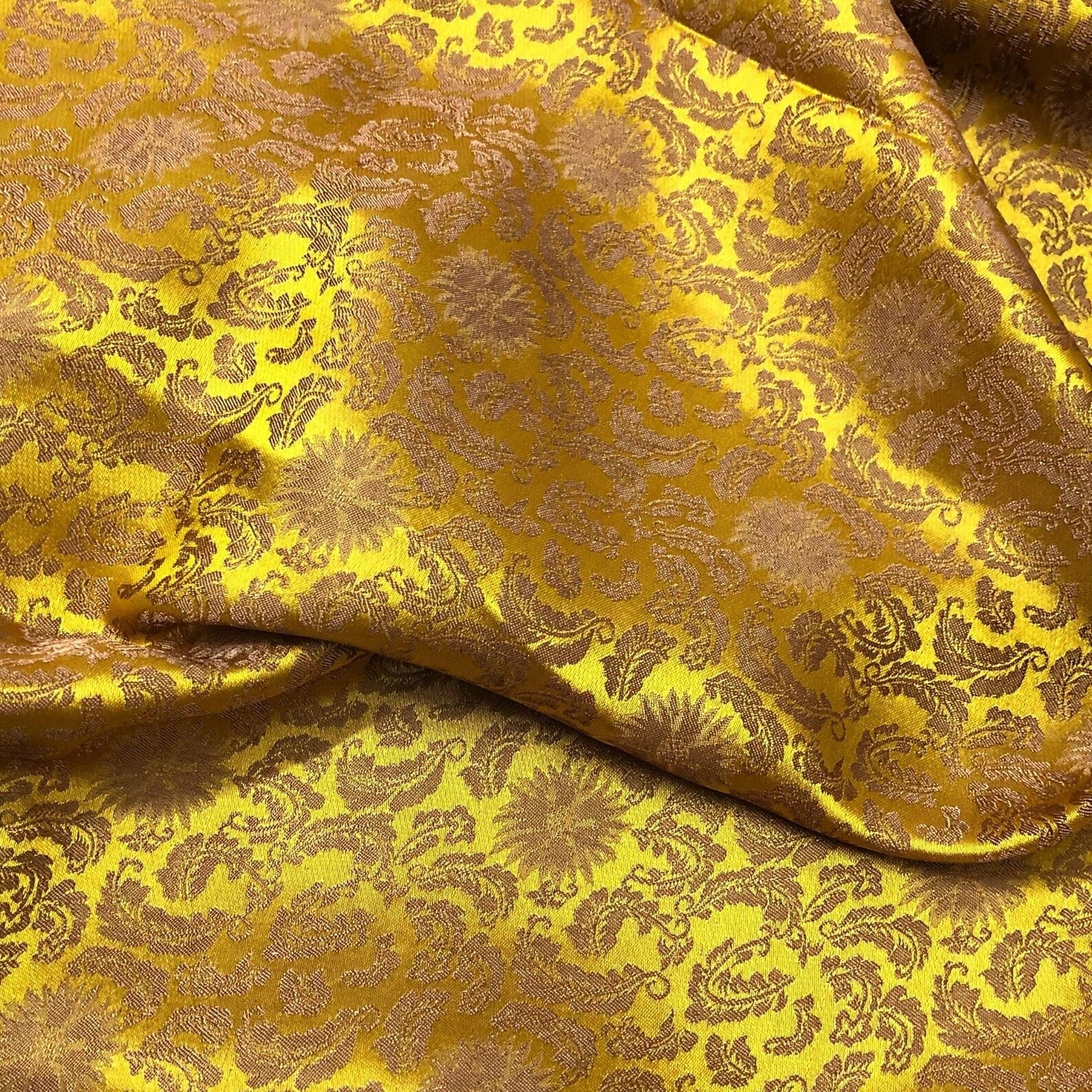 Gold Floral Mulberry Silk Fabric – Handwoven in Vietnam