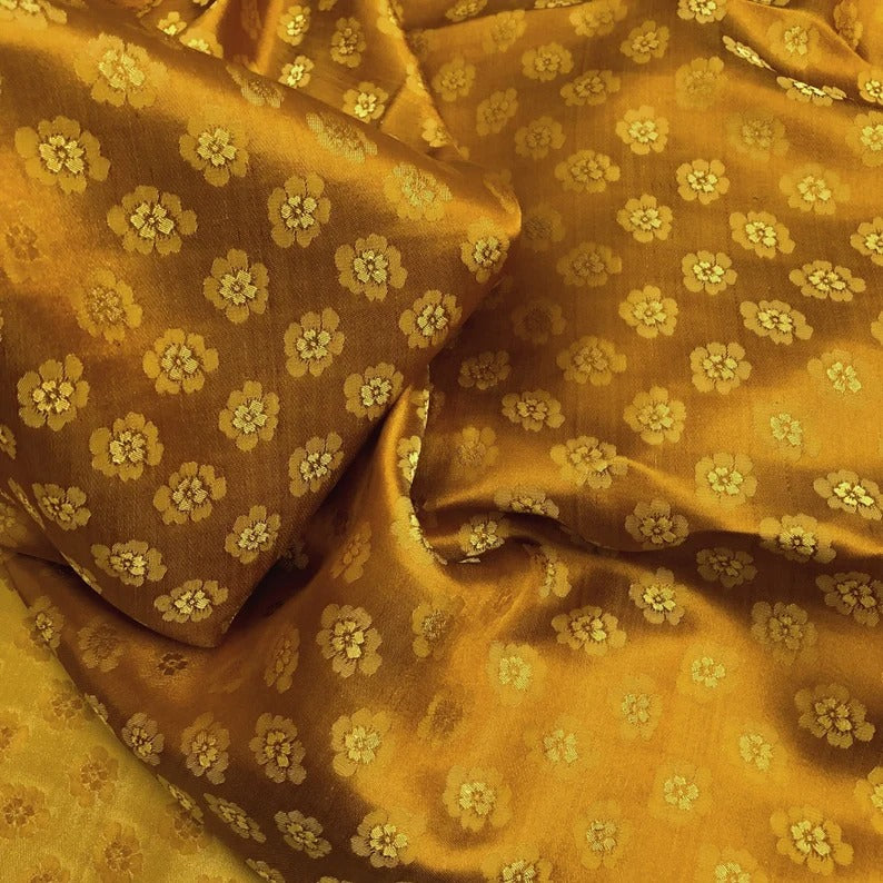 Gold Floral Mulberry Silk Fabric – Handwoven in Vietnam